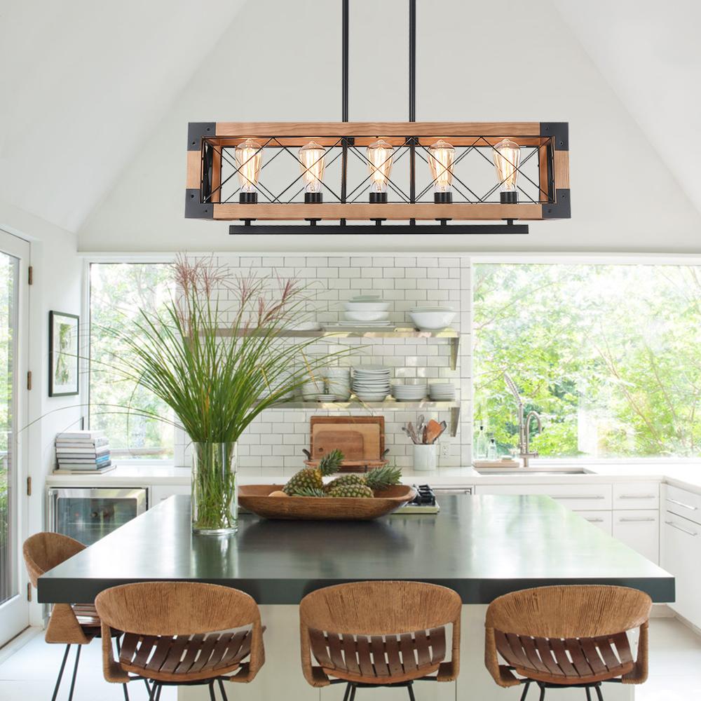 PendantLightia-5-light Wooden Rectangular Rustic Farmhouse Chandelier-Chandeliers-Default Title-