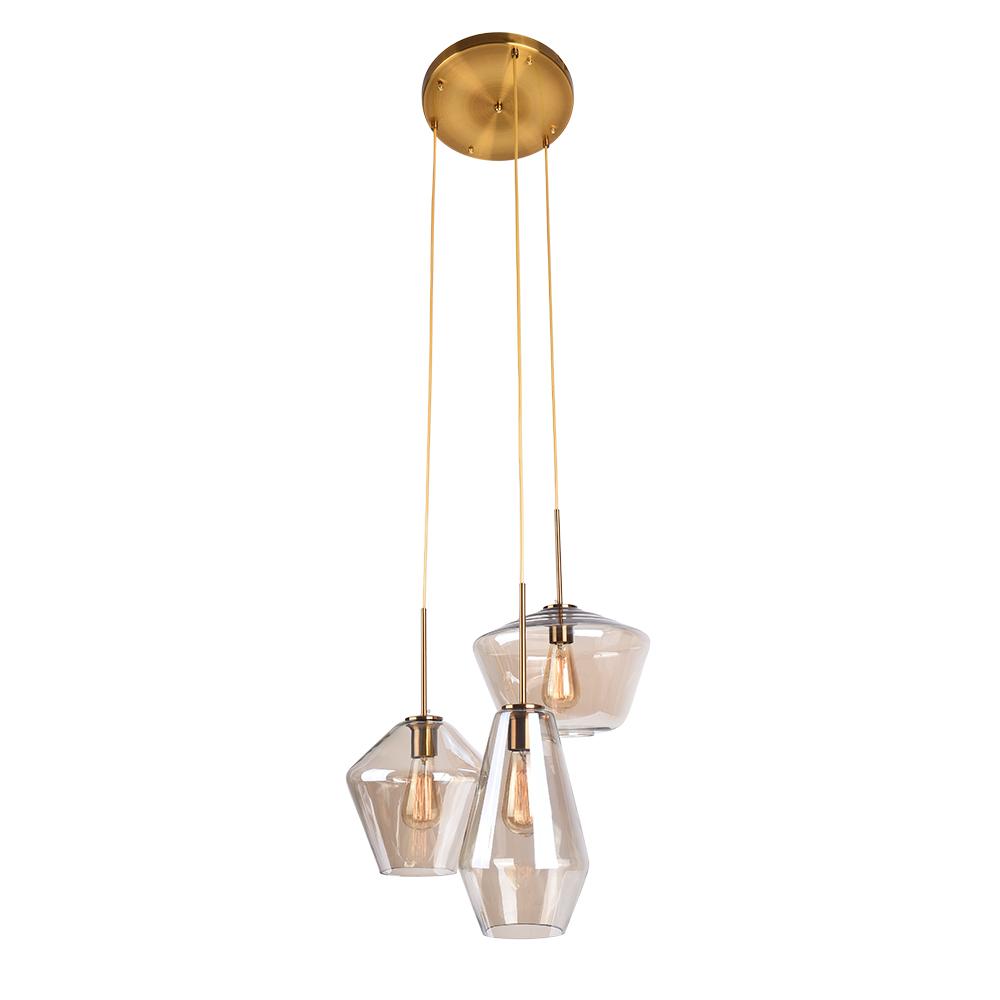 PendantLightia-Modern Geometric Clear Glass Shades Hanging Pendant Lights-Pendants-3Lt-Roung Canopy-Amber Glass