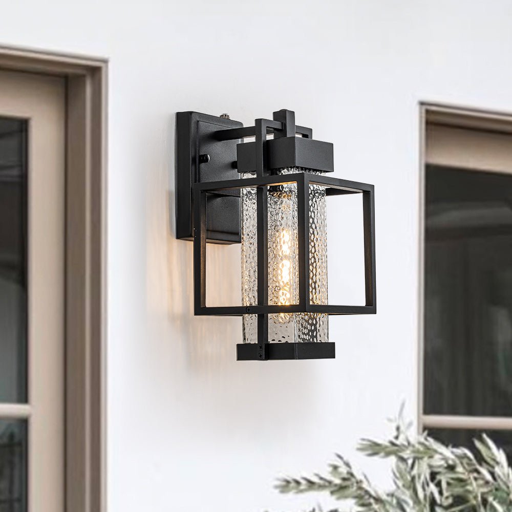 Pendantlightie-1-Light Sensor Waterproof Outdoor Wall Light With Hammered Glass Shade-Outdoor Wall Light--