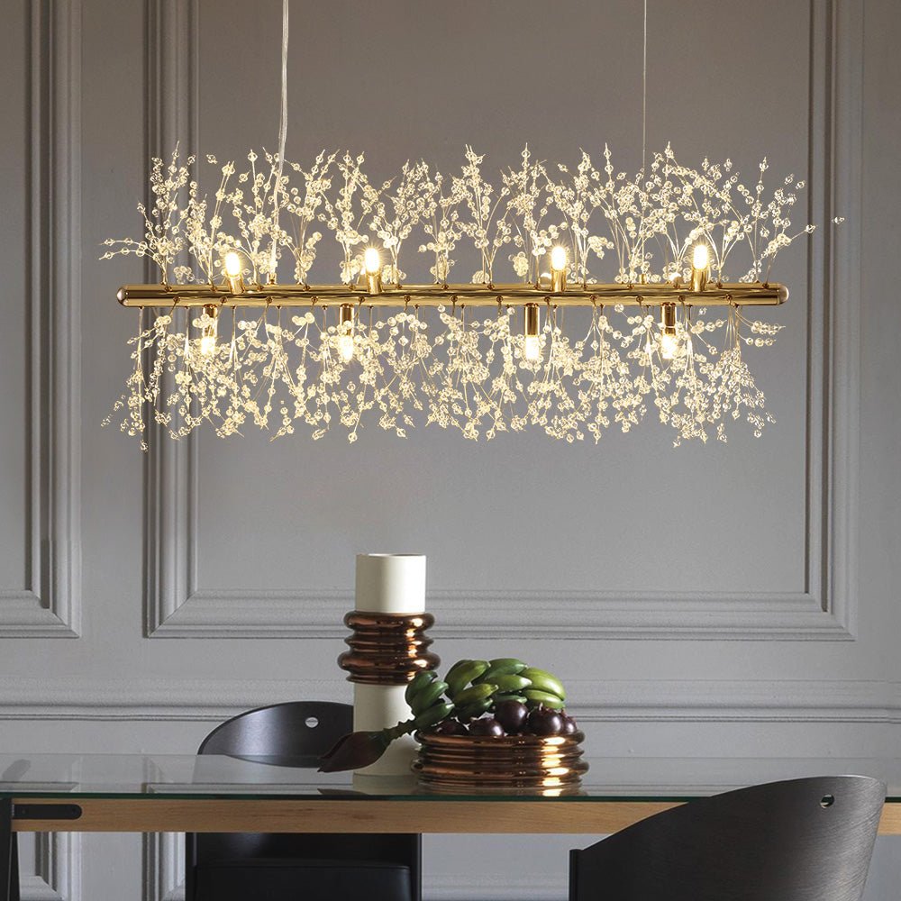 Modern 12-Light Crystal Linear Chandelier| Dining Room Lights