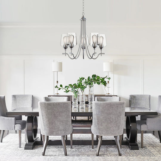 Pendantlightie-5-Light Curved Arm Classical Chandelier With Glass Shades-Chandeliers-Black-