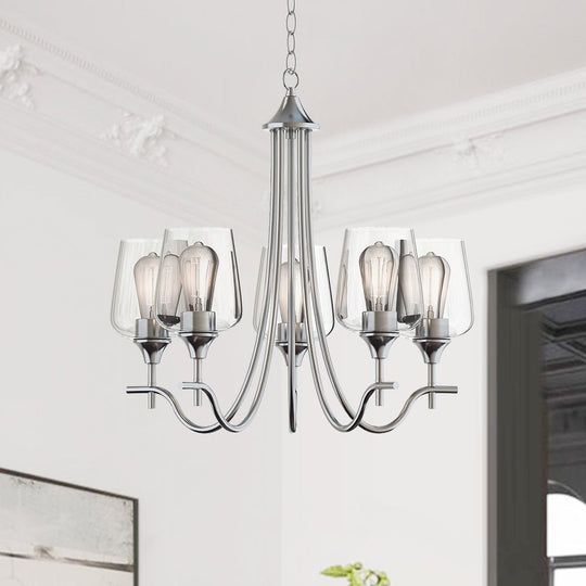 Pendantlightie-5-Light Curved Arm Classical Chandelier With Glass Shades-Chandeliers-Nickel-
