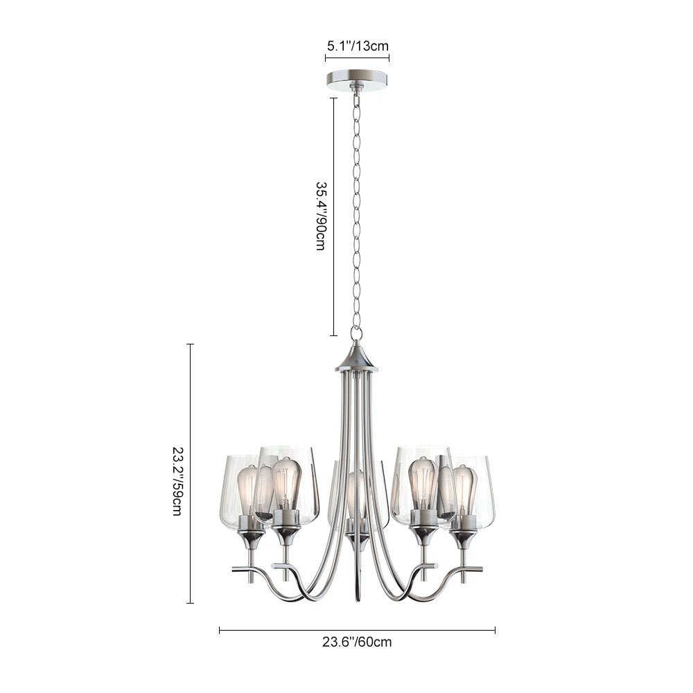 Pendantlightie-5-Light Curved Arm Classical Chandelier With Glass Shades-Chandeliers-Nickel-