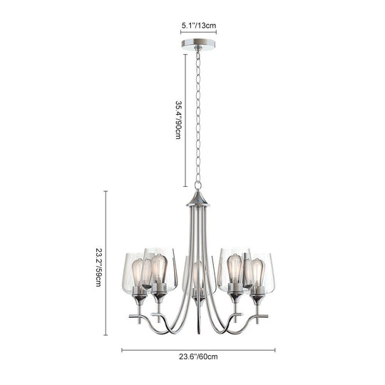 Pendantlightie-5-Light Curved Arm Classical Chandelier With Glass Shades-Chandeliers-Nickel-