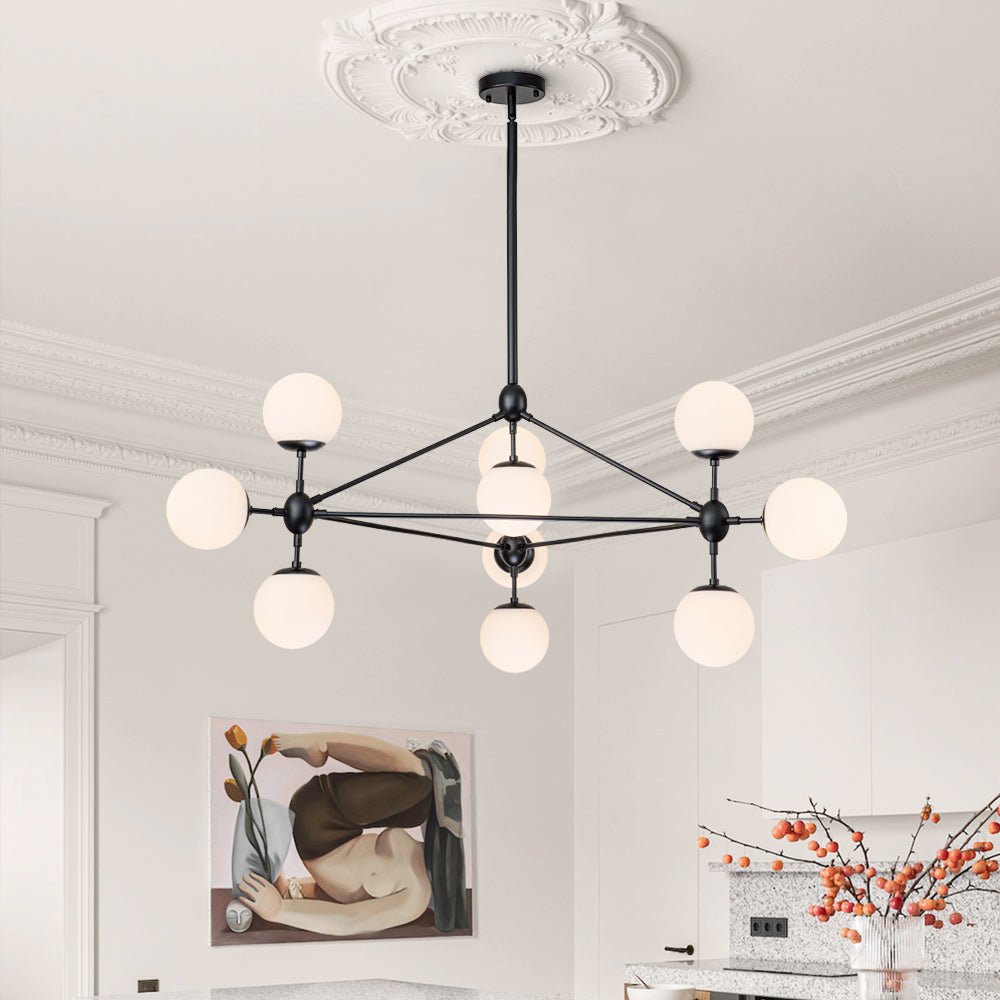 Pendantlightie-Contemporary 10-Light Frosted Glass Kitchen Island Chandelier-Chandeliers-Black-