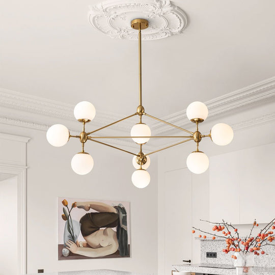 Pendantlightie-Contemporary 10-Light Frosted Glass Kitchen Island Chandelier-Chandeliers-Brass-
