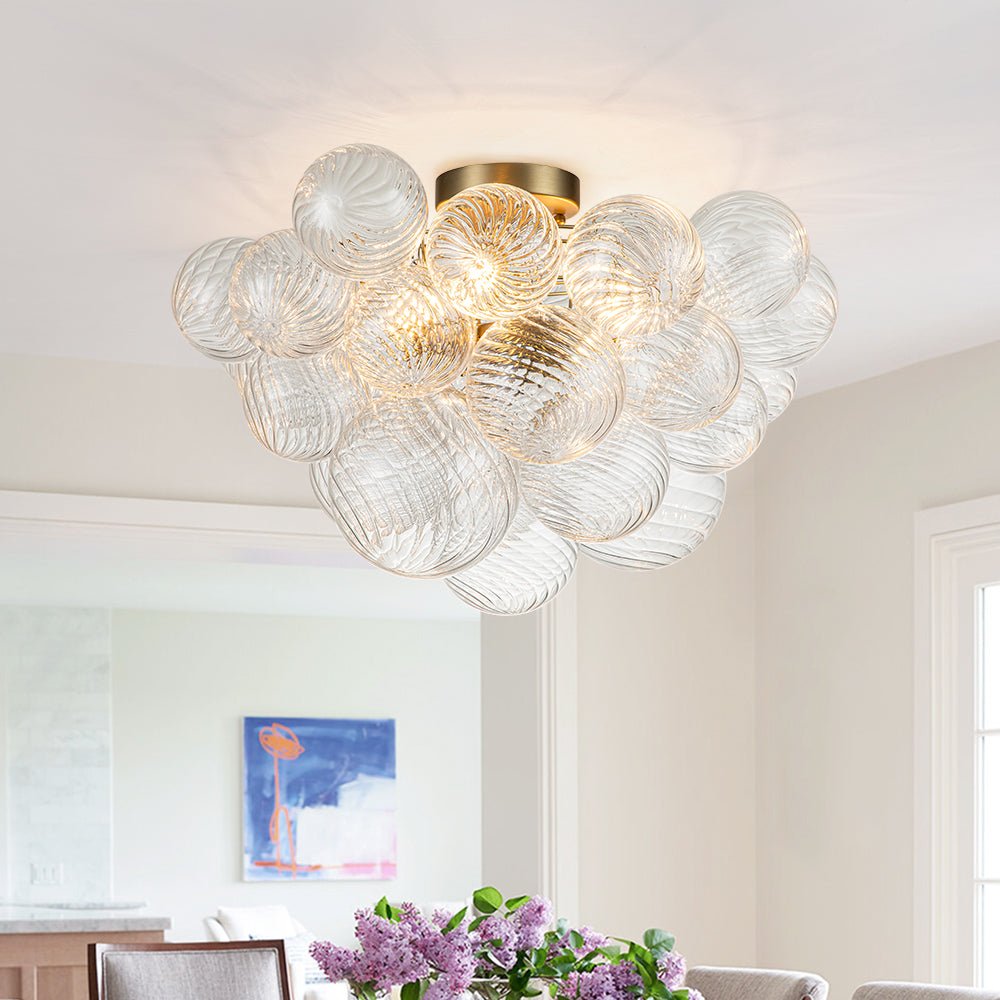Pendantlightie-Contemporary 3-Light Ribbed Bubble Semi Flush Ceiling Light-Semi Flush Mount-Brass-