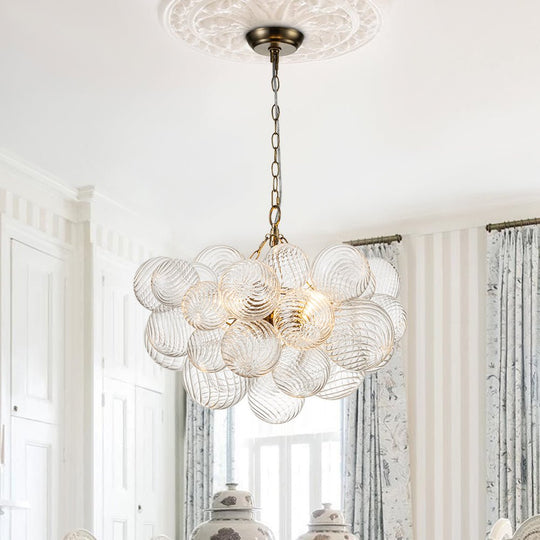 Pendantlightie-Contemporary Clear Ribbed Bubble Chandelier-Chandeliers-3Lt-Brass