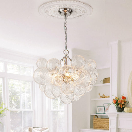Pendantlightie-Contemporary Clear Ribbed Bubble Chandelier-Chandeliers-3Lt-Nickel