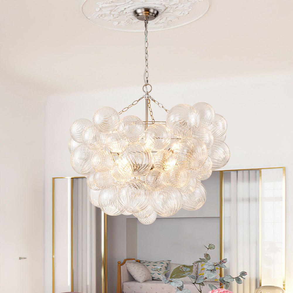 Pendantlightie-Contemporary Clear Ribbed Bubble Chandelier-Chandeliers-8Lt-Nickel