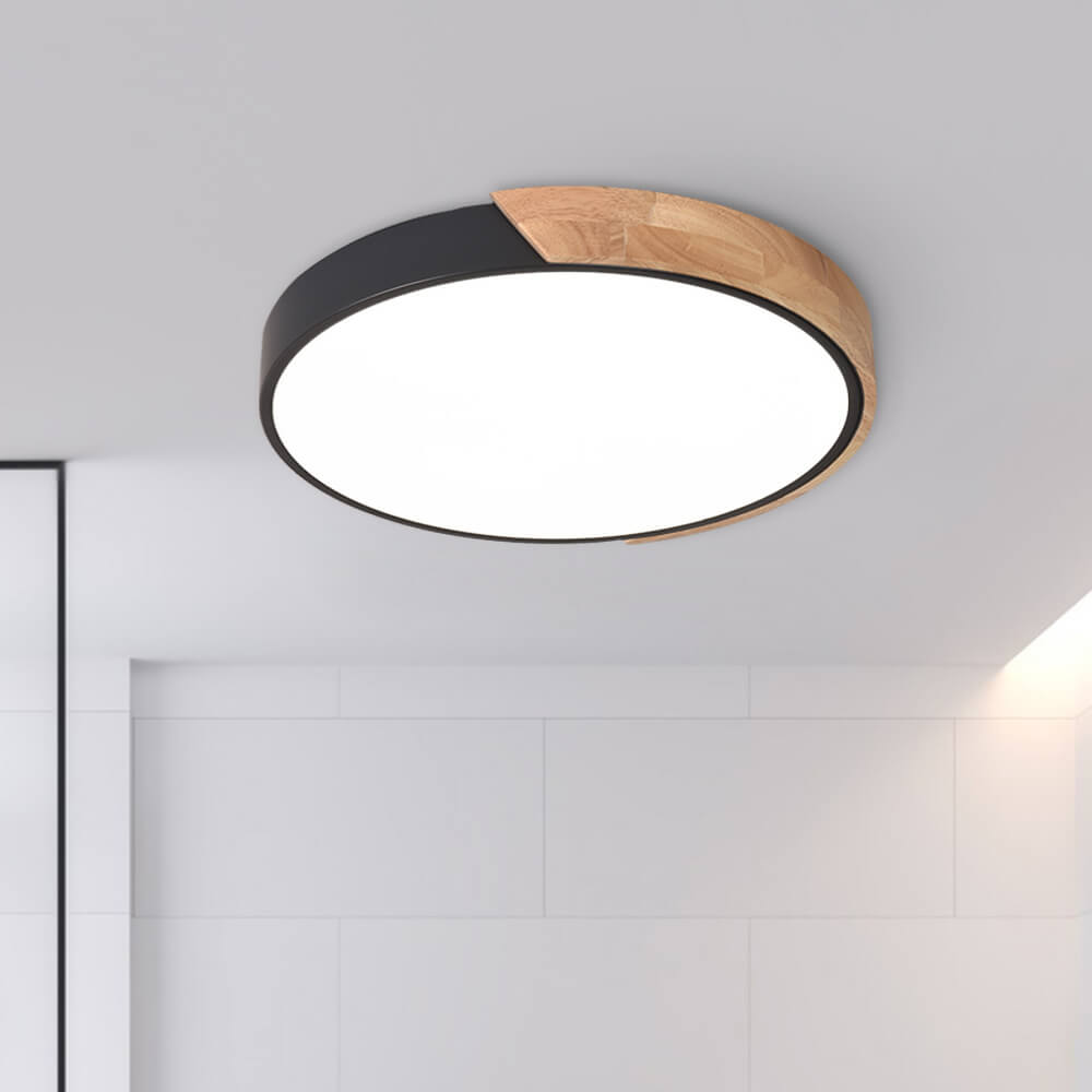 Pendantlightie-Dimmable Led Round Ceiling Flush Mount With Wood Accent-Flush Mount-Black-11.81 Inches
