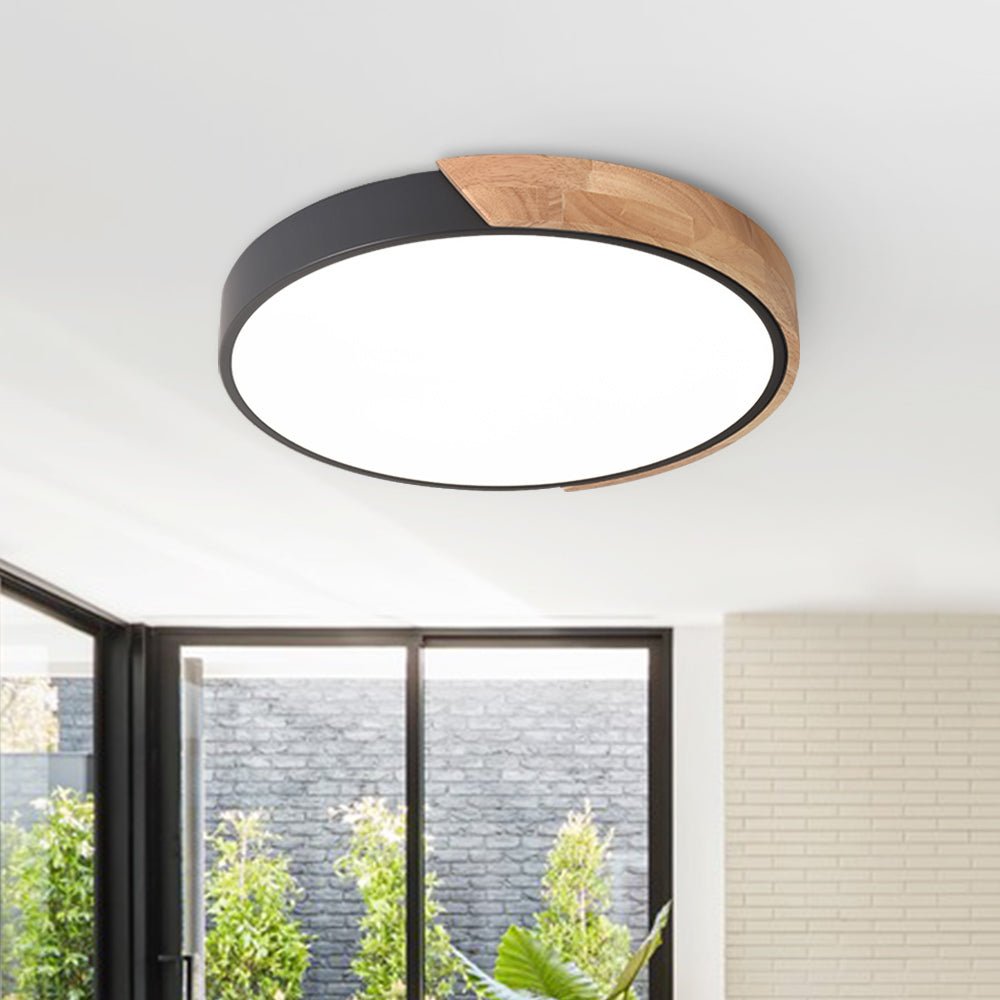 Pendantlightie-Dimmable Led Round Flush Mount With Wood Accent-Flush Mount-Black-11.81 Inches