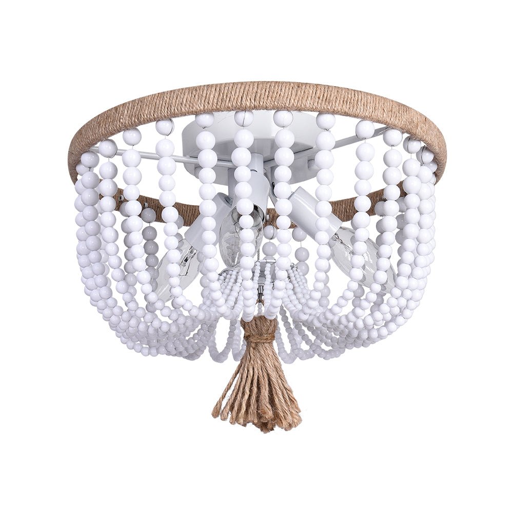 Pendantlightie-Farmhouse 3-Light Hemp Rope White Beaded Flush Mount-Flush Mount-White-