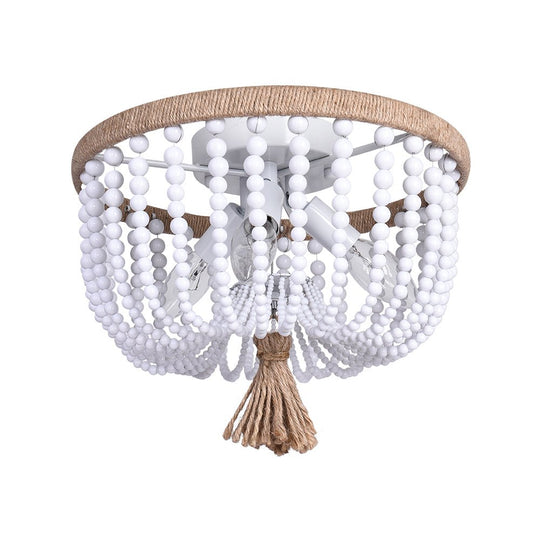 Pendantlightie-Farmhouse 3-Light Hemp Rope White Beaded Flush Mount-Flush Mount-White-