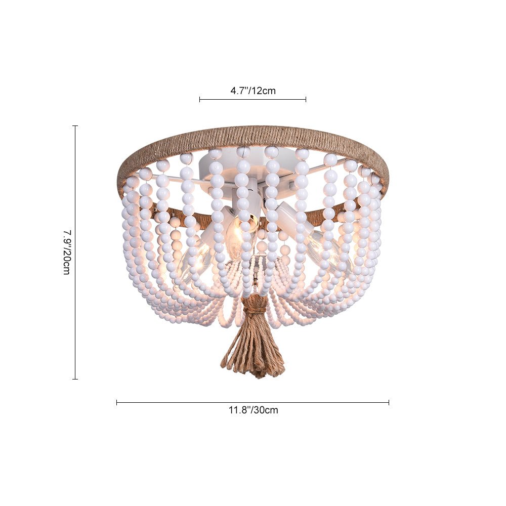 Pendantlightie-Farmhouse 3-Light Hemp Rope White Beaded Flush Mount-Flush Mount-White-