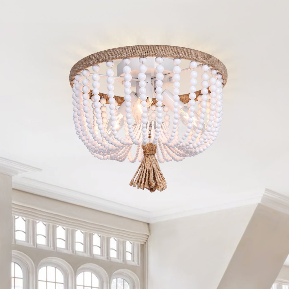 Pendantlightie-Farmhouse 3-Light Hemp Rope White Beaded Flush Mount-Flush Mount-White-