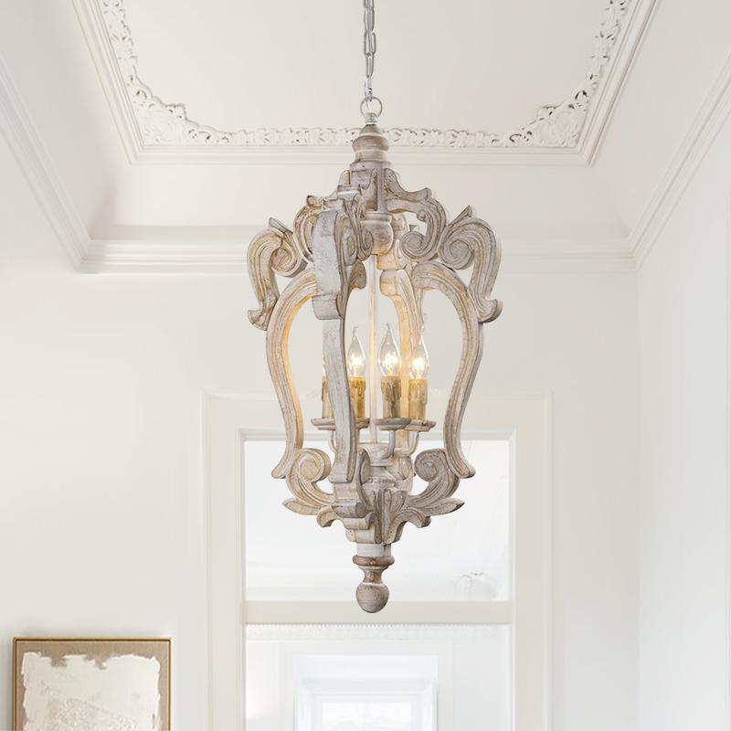 Pendantlightie-Farmhouse 4-Light Wood Cage Chandelier-Chandeliers--