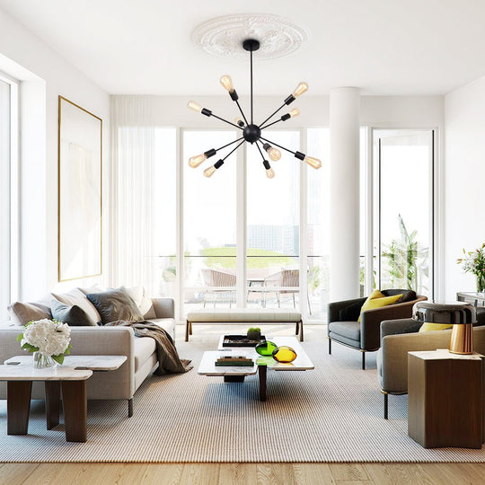 Pendantlightie-Mid-Century 10-Light Sputnik Chandelier-Chandeliers-Black-