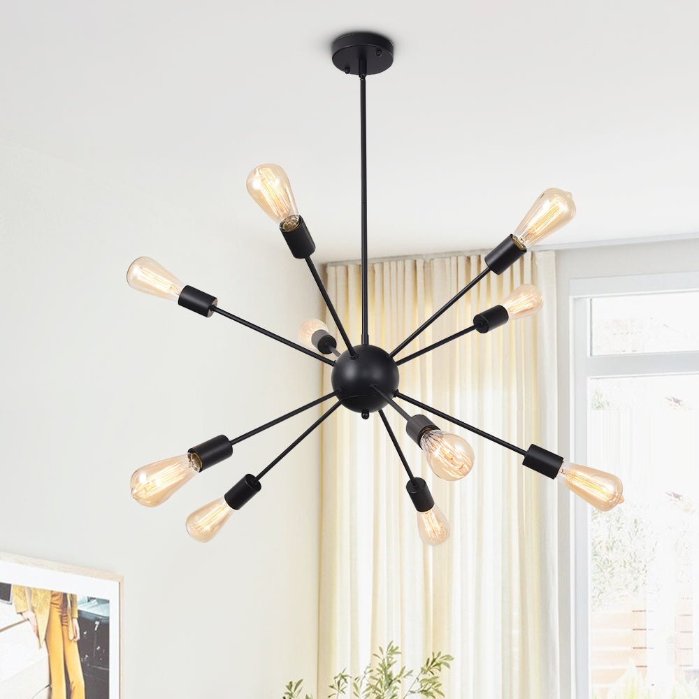 Pendantlightie-Mid-Century 10-Light Sputnik Chandelier-Chandeliers-Black-