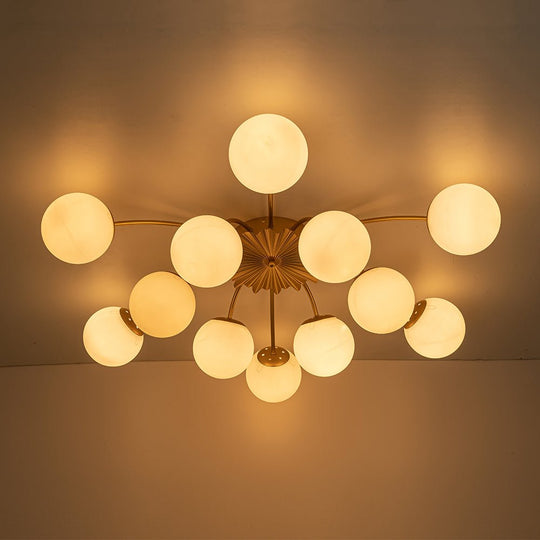 Pendantlightie-Mid-Century 12-Light Sputnik Opal Glass Globe Semi Flush Ceiling Light-Semi Flush Mount--