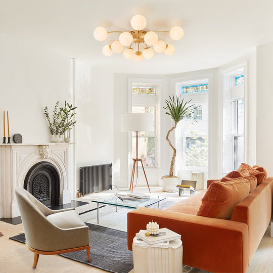 Pendantlightie-Mid-Century 12-Light Sputnik Opal Glass Globe Semi Flush Ceiling Light-Semi Flush Mount--