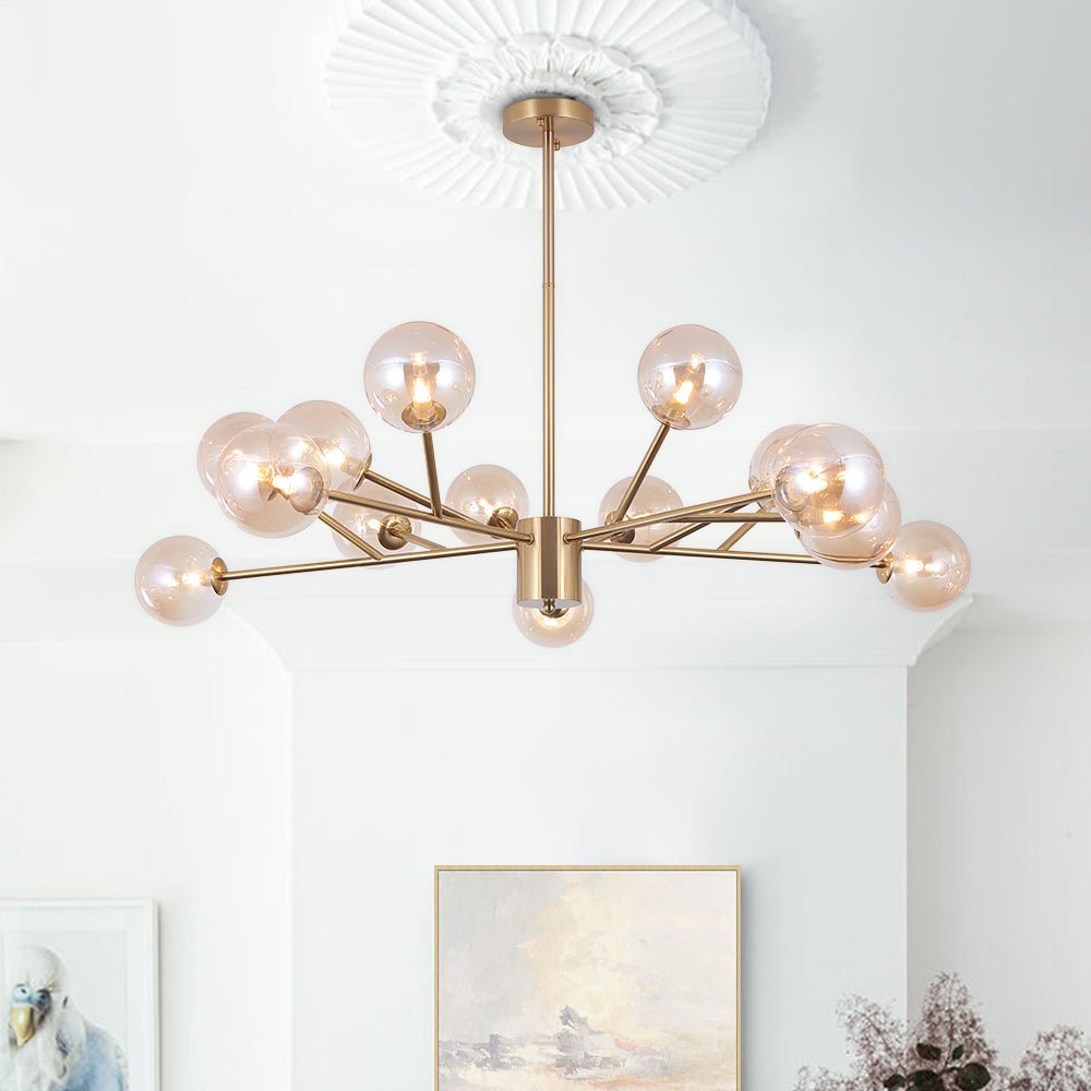 Pendantlightie-Mid-Century 15-Light Glass Bubble Chandelier-Chandeliers-Brass-