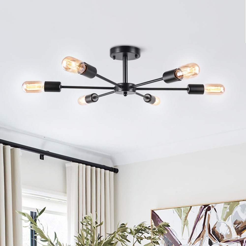 Pendantlightie-Mid-Century 6-Light Sputnik Semi Flush Ceiling Light For Living Room-Semi Flush Mount-Black-