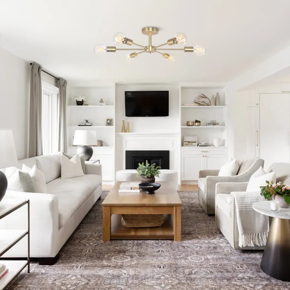 Pendantlightie-Mid-Century 6-Light Sputnik Semi Flush Ceiling Light For Living Room-Semi Flush Mount-Gold-