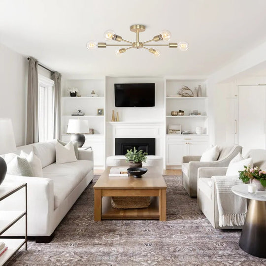 Pendantlightie-Mid-Century 6-Light Sputnik Semi Flush Ceiling Light For Living Room-Semi Flush Mount-Gold-