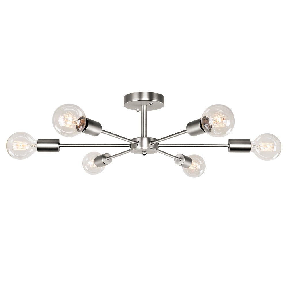 Pendantlightie-Mid-Century 6-Light Sputnik Semi Flush Ceiling Light For Living Room-Semi Flush Mount-Nickel-