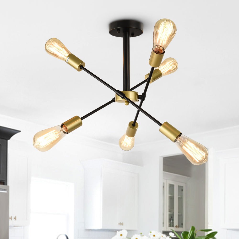 Pendantlightie-Mid-Century 6-Light Sputnik Semi Flush Mount-Semi Flush Mount-Black+Gold-