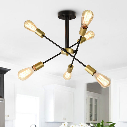 Pendantlightie-Mid-Century 6-Light Sputnik Semi Flush Mount-Semi Flush Mount-Black+Gold-