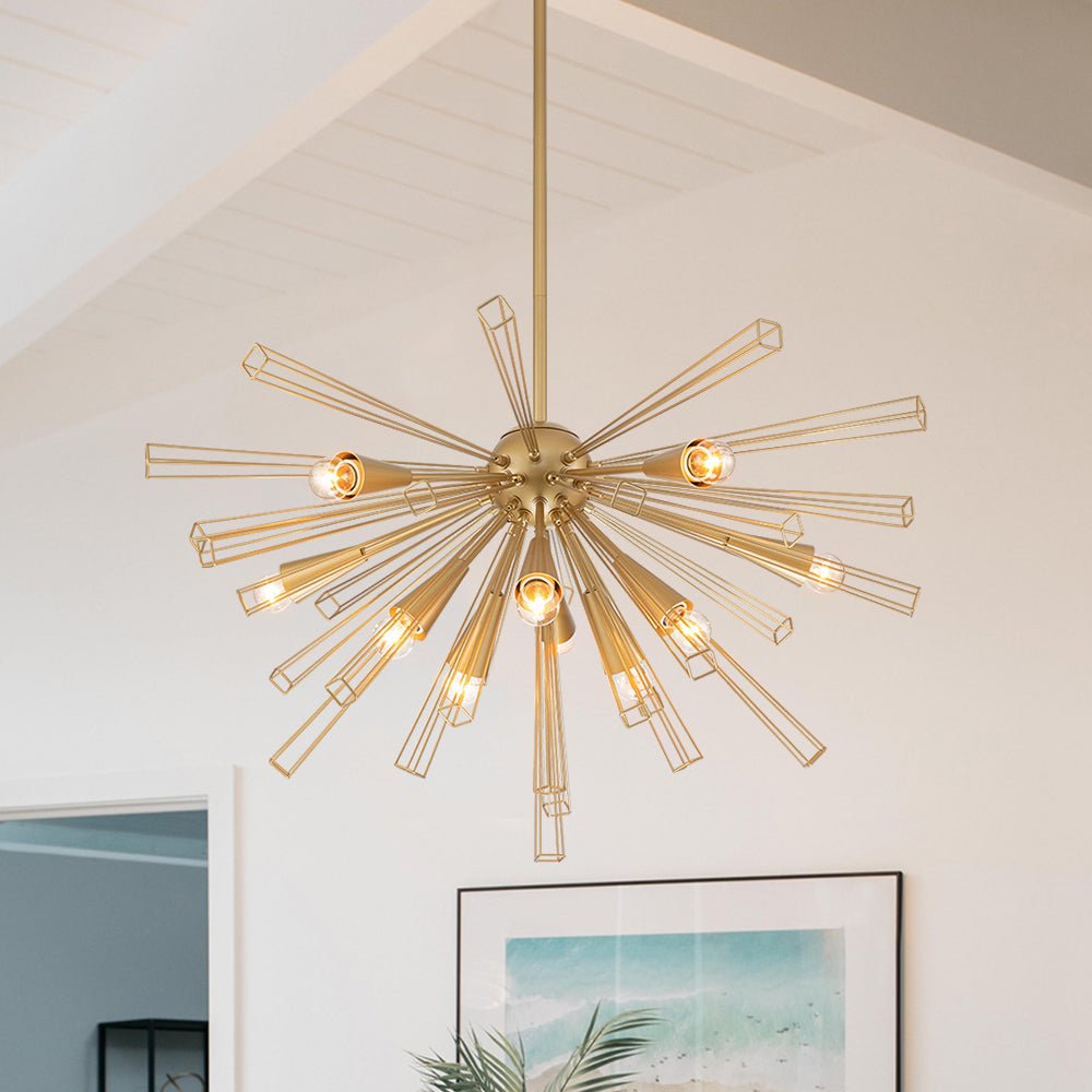 Pendantlightie-Mid-Century Modern 10-Light Sunburst Sputnik Chandelier-Chandeliers-Brass-