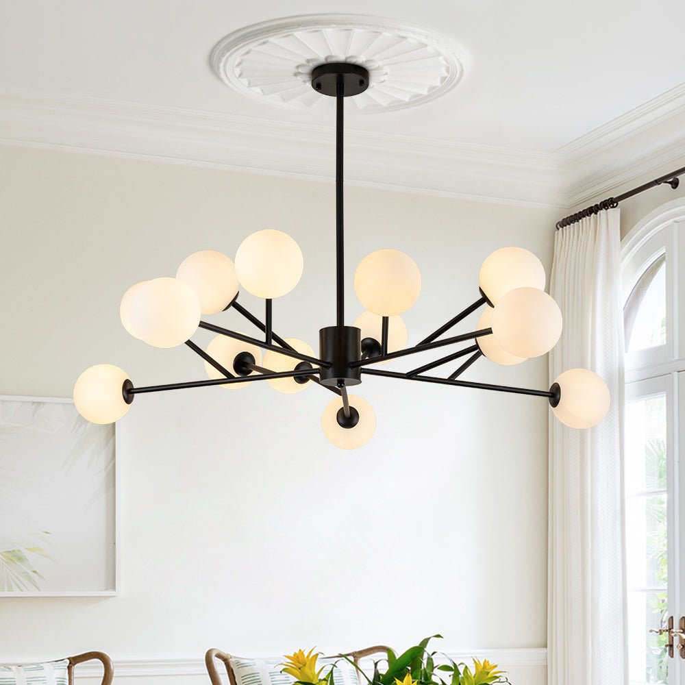 Pendantlightie-Mid-Century Modern 15-Light Globe Linear Kitchen Island Chandelier-Chandeliers-Black-