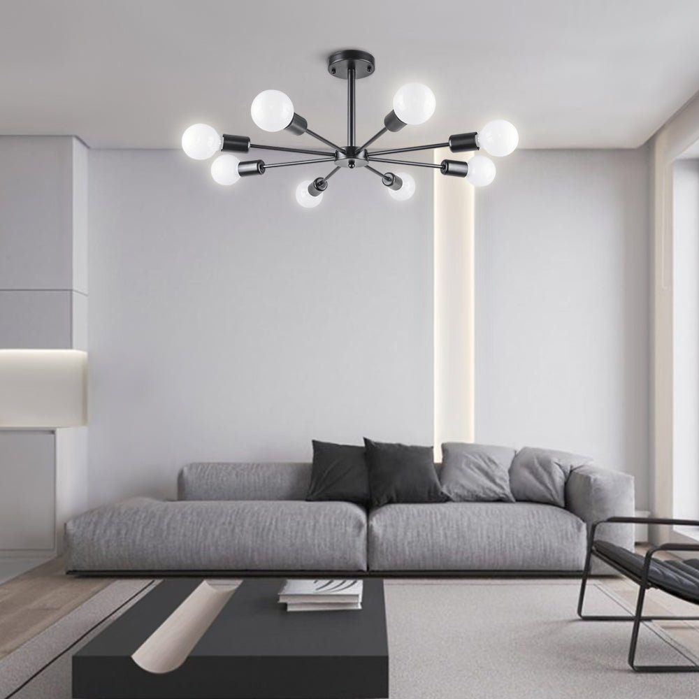 Pendantlightie-Mid-Century Modern 8-Light Sputnik Semi Flush Ceiling Light-Semi Flush Mount-Black-
