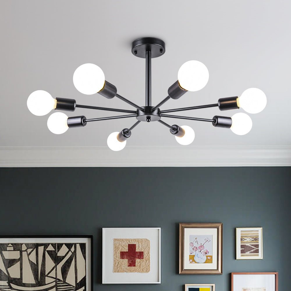 Pendantlightie-Mid-Century Modern 8-Light Sputnik Semi Flush Ceiling Light-Semi Flush Mount-Black-
