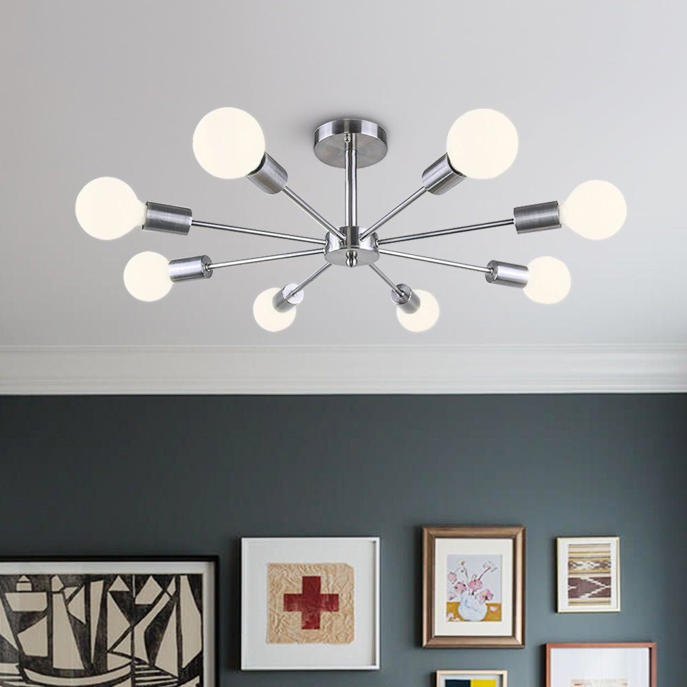 Pendantlightie-Mid-Century Modern 8-Light Sputnik Semi Flush Ceiling Light-Semi Flush Mount-Chrome-
