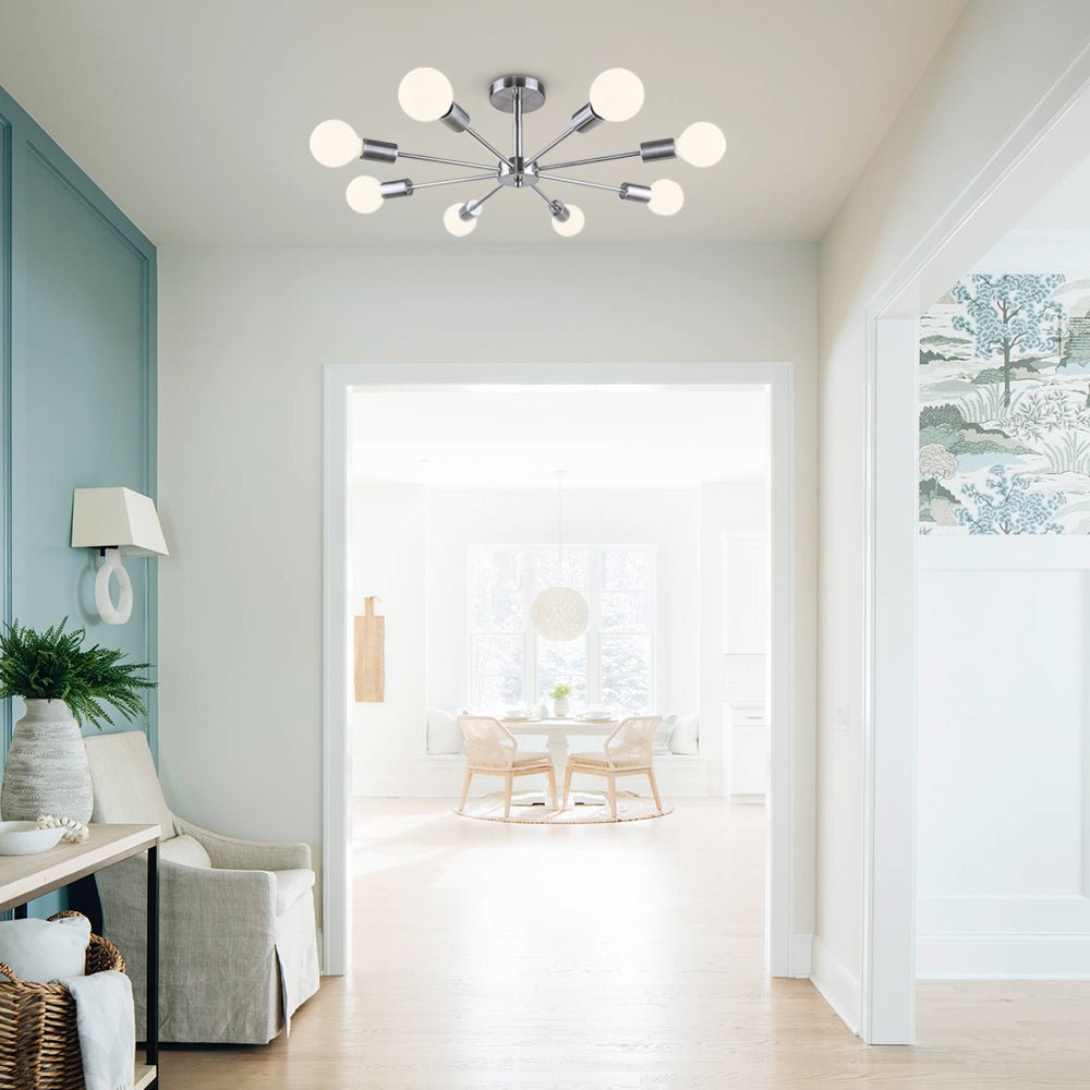 Pendantlightie-Mid-Century Modern 8-Light Sputnik Semi Flush Ceiling Light-Semi Flush Mount-Nickel-