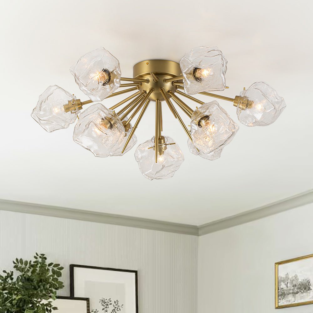 Pendantlightie-Mid-Century Modern 9-Light Ice Sputnik Semi Flush Ceiling Light-Semi Flush Mount-Brass-