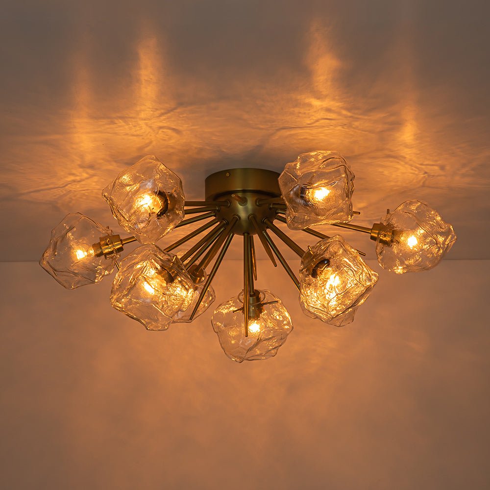 Pendantlightie-Mid-Century Modern 9-Light Ice Sputnik Semi Flush Ceiling Light-Semi Flush Mount-Brass-