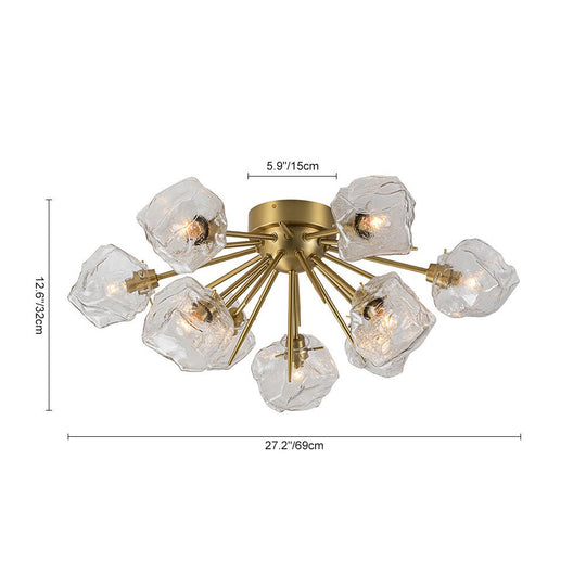Pendantlightie-Mid-Century Modern 9-Light Ice Sputnik Semi Flush Ceiling Light-Semi Flush Mount-Brass-