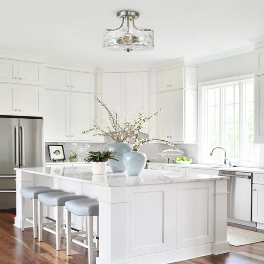 Pendantlightie-Modern 2-Light Hammer Glass Drum Semi Flush Ceiling Light-Semi Flush Mount--