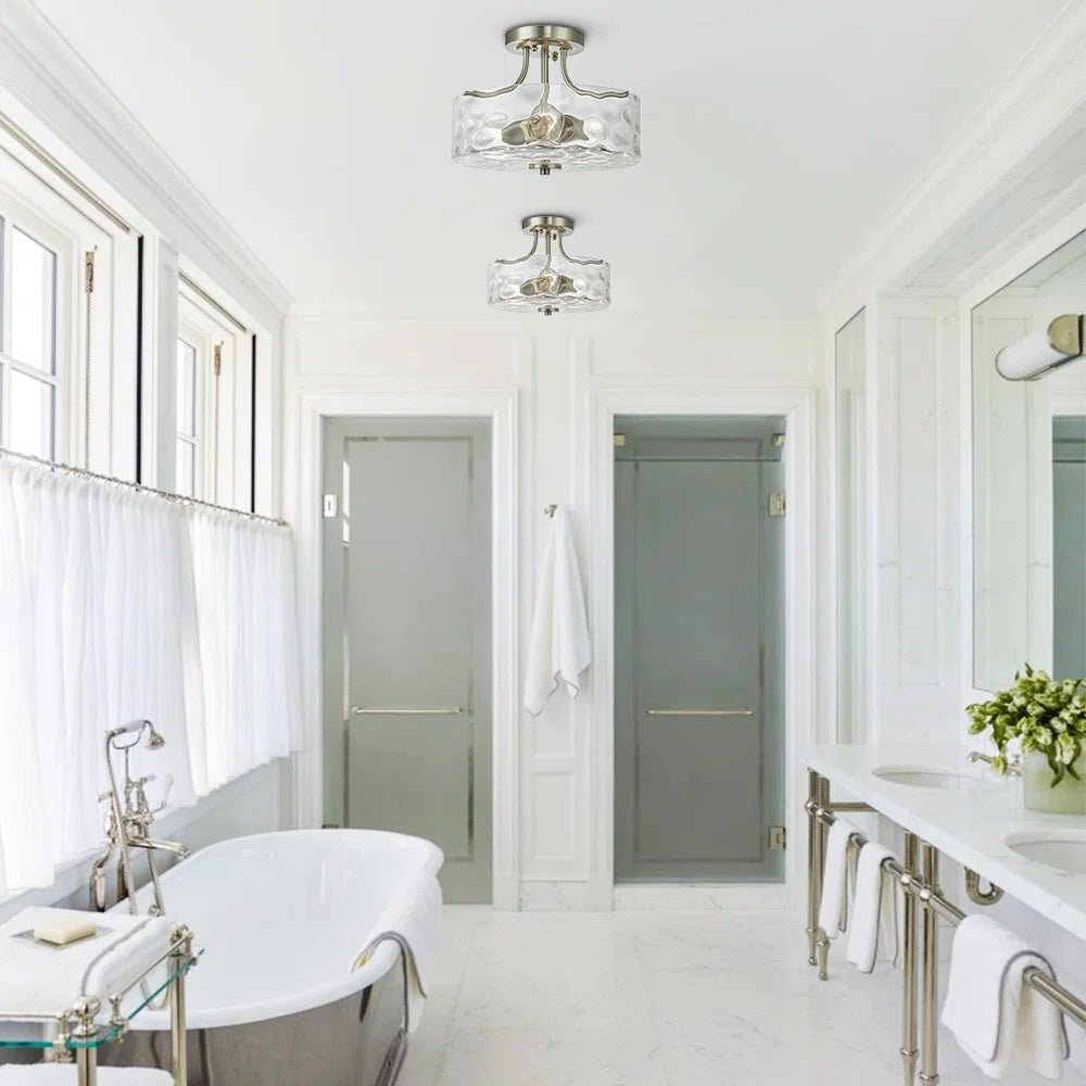 Pendantlightie-Modern 2-Light Hammer Glass Drum Semi Flush Ceiling Light-Semi Flush Mount--