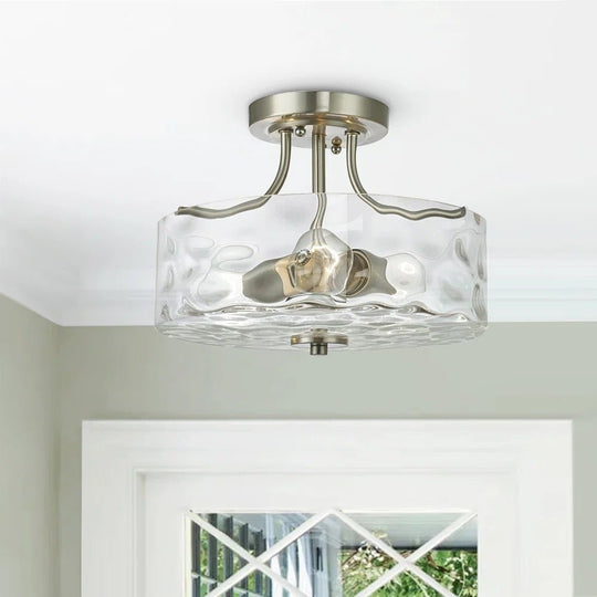 Pendantlightie-Modern 2-Light Hammer Glass Drum Semi Flush Ceiling Light-Semi Flush Mount--