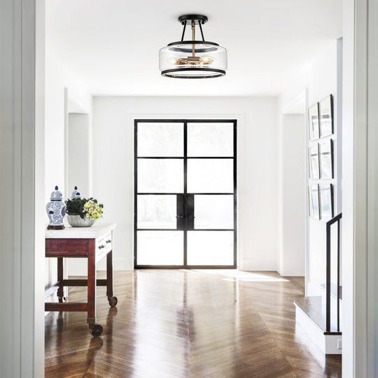 Pendantlightie-Modern 3-Light Glass Drum Semi Flush Ceiling Light-Semi Flush Mount--