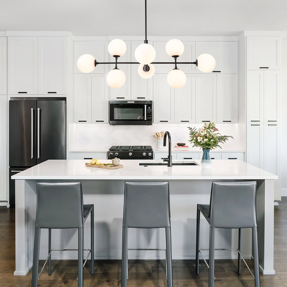 Pendantlightie-Modern 8-Light Opal Linear Kitchen Island Chandelier-Chandeliers-Black-