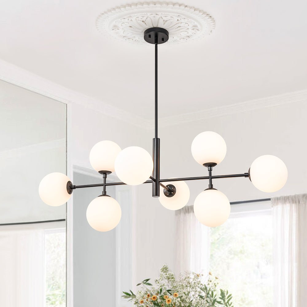 Pendantlightie-Modern 8-Light Opal Linear Kitchen Island Chandelier-Chandeliers-Black-