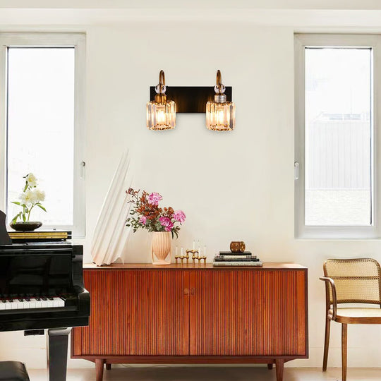 Pendantlightie-Modern Bathroom Vanity Light With Glass Crystal Accent-Wall Light-Black+Gold-2 Lt
