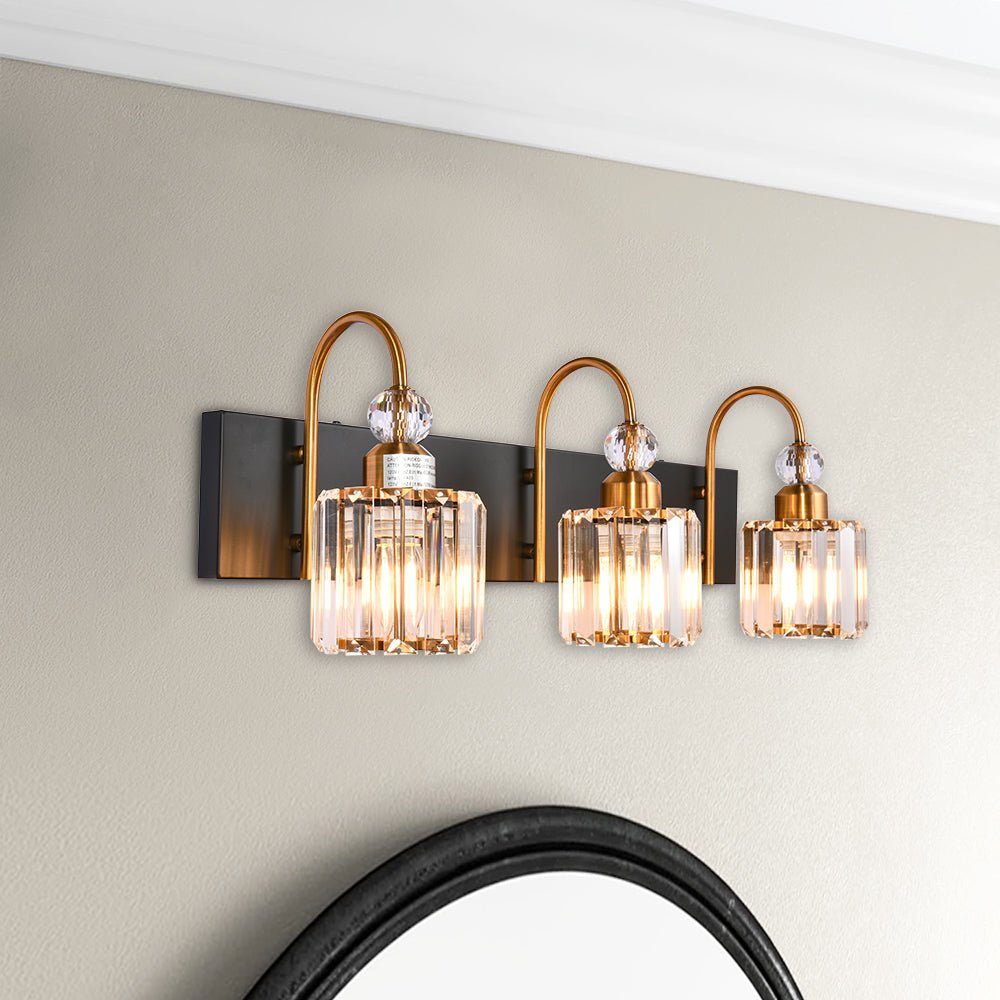 Pendantlightie-Modern Bathroom Vanity Light With Glass Crystal Accent-Wall Light-Black+Gold-3Lt