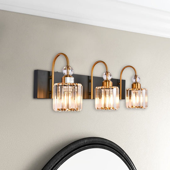 Pendantlightie-Modern Bathroom Vanity Light With Glass Crystal Accent-Wall Light-Black+Gold-3Lt